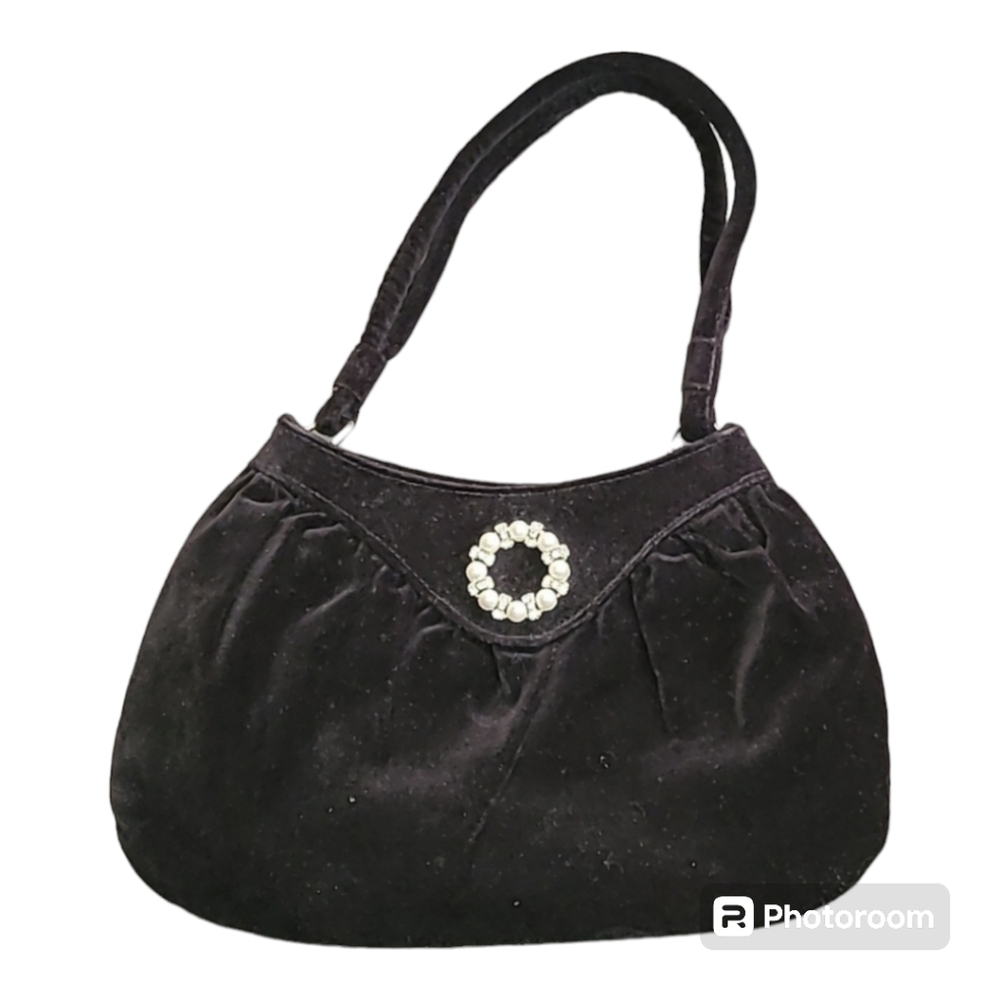 Old Navy black velvet handbag purse‎ sachel faux pearls | rhinestone bows Prom